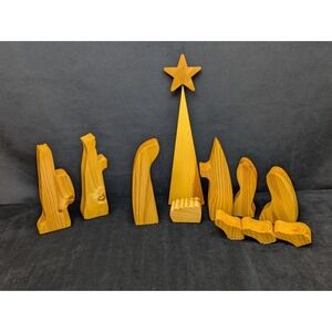 Vtg 11 Piece Minimalist Wooden Nativity Pine Felt Bottom Handmade Signed 2002